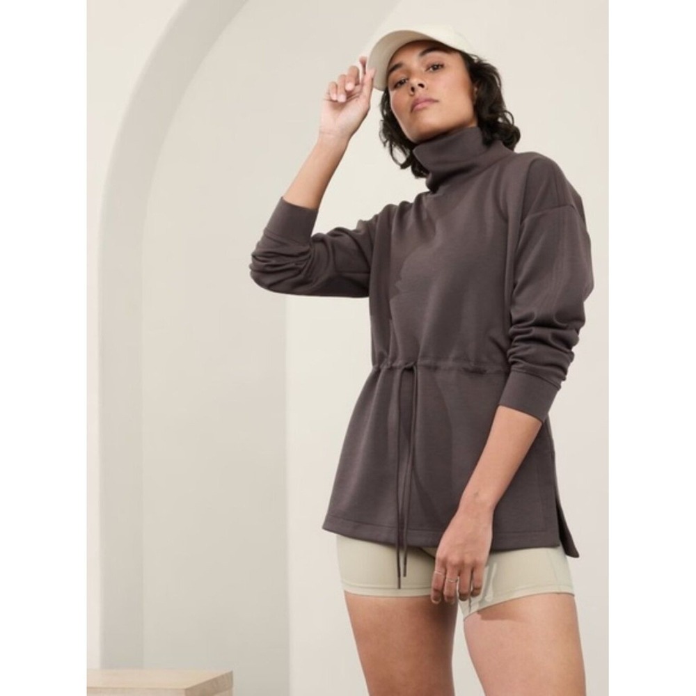 Athleta Sz S M Brown Balance Cinch Sweatshirt Pullover Cowl Neck Tencel Blend